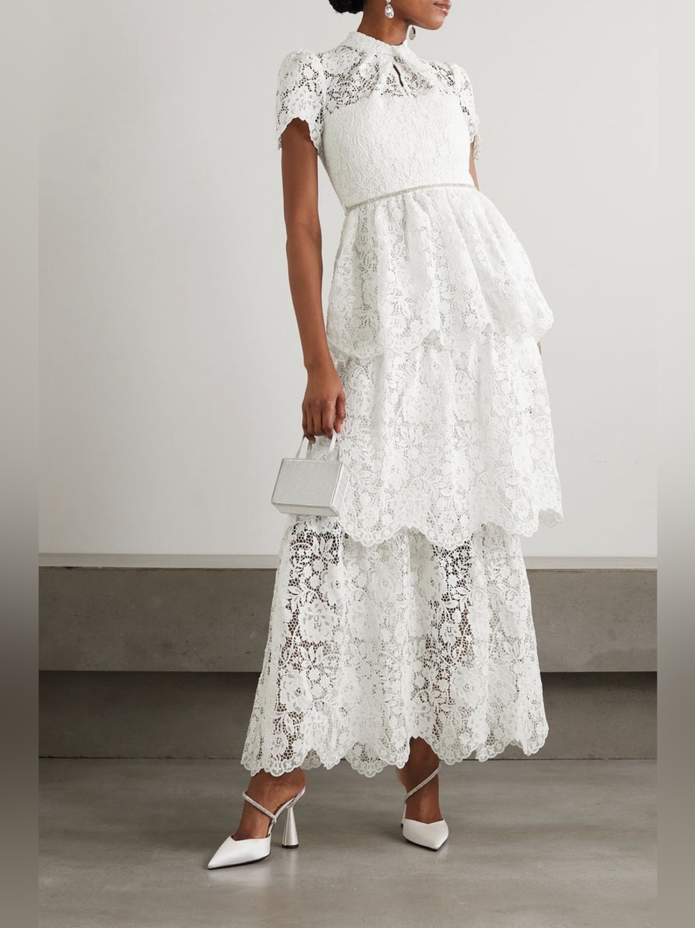 Self-Portrait Tiered Corded Guipure Lace Maxi Dress White Dress US 2